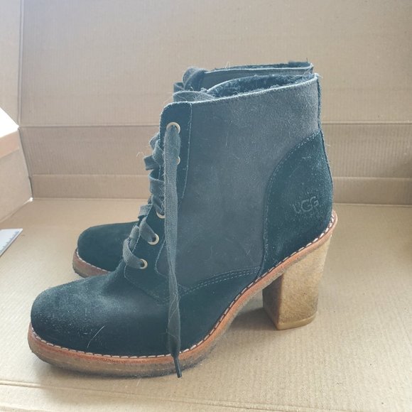 UGG black fur lined suede leather boots with heel, sz 7.5 - Picture 6 of 7
